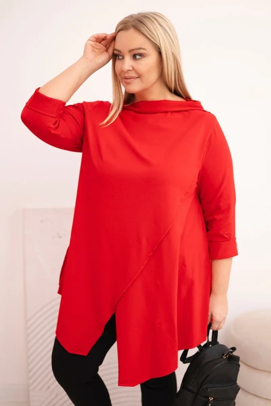 Dámská bavlněná blůza Plus Size asymetrická s ohrnutým rukávem červená