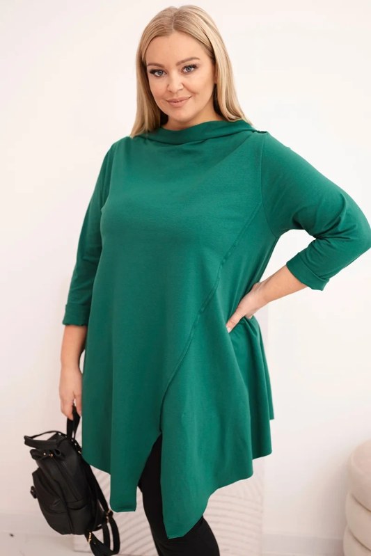 Dámská bavlněná blůza Plus Size asymetrická s ohrnovacím rukávem tmavě zelená