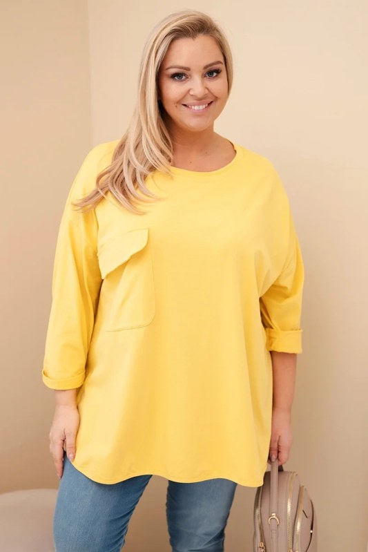 Dámská blůza Plus Size s bavlnou, kapsou a ohrnovacími rukávy žlutá