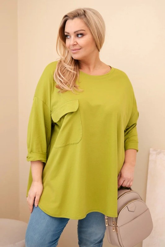 Dámská blůza Plus Size s bavlnou, kapsou a ohrnutým rukávem olivová