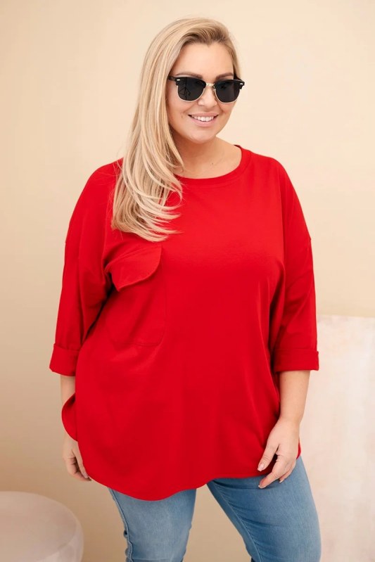 Dámská blůza Plus Size s bavlnou, kapsou a ohrnutým rukávem červená