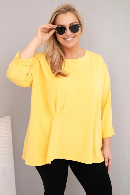 Dámská blůza plus size s bavlnou a dlouhým rukávem a nařasením žlutá