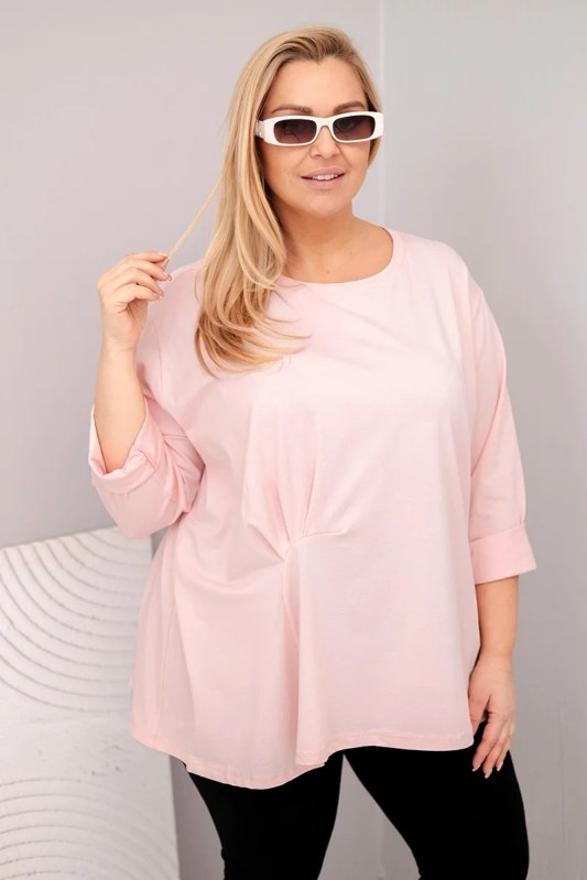 Dámská blůza plus size s bavlnou a dlouhým rukávem a nařasením pudrově růžová