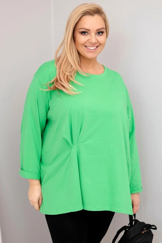 Dámská blůza plus size s bavlnou a dlouhým rukávem a nařasením světle zelená