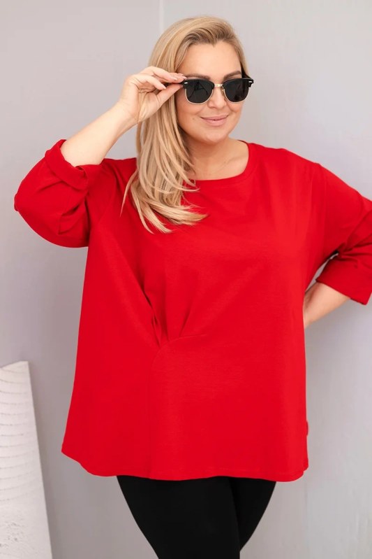 Dámská plus size blůza s&nbsp;bavlnou, dlouhým rukávem a&nbsp;řasením červená - Dámské oblečení mikiny