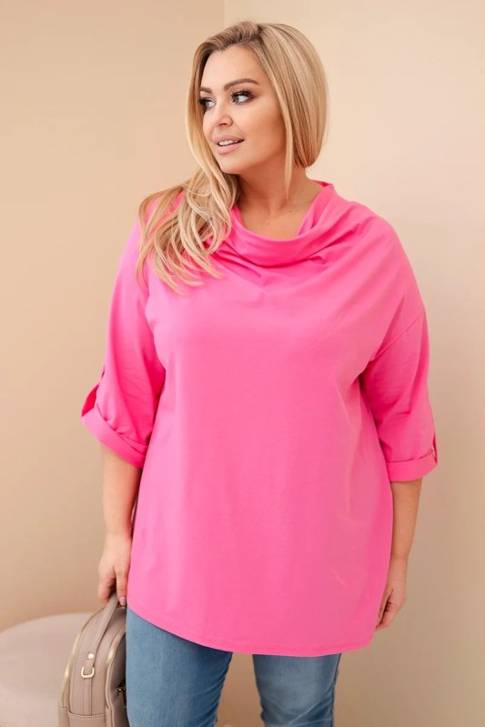 Dámská blůza Plus Size s bavlnou volného střihu s vodním výstřihem světle růžová