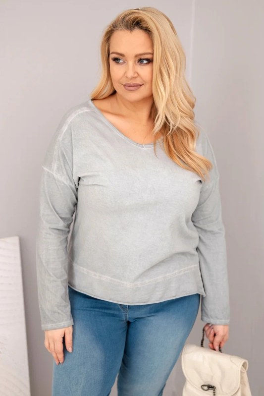 Dámská blůza Plus Size s V výstřihem a delším zadním dílem šedá