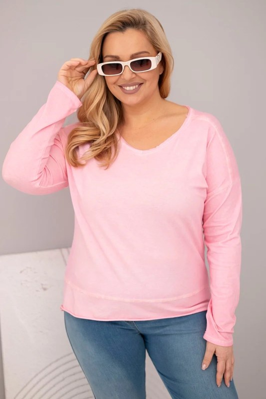 Dámská blůza Plus Size s V výstřihem a delším zadním dílem světle růžová