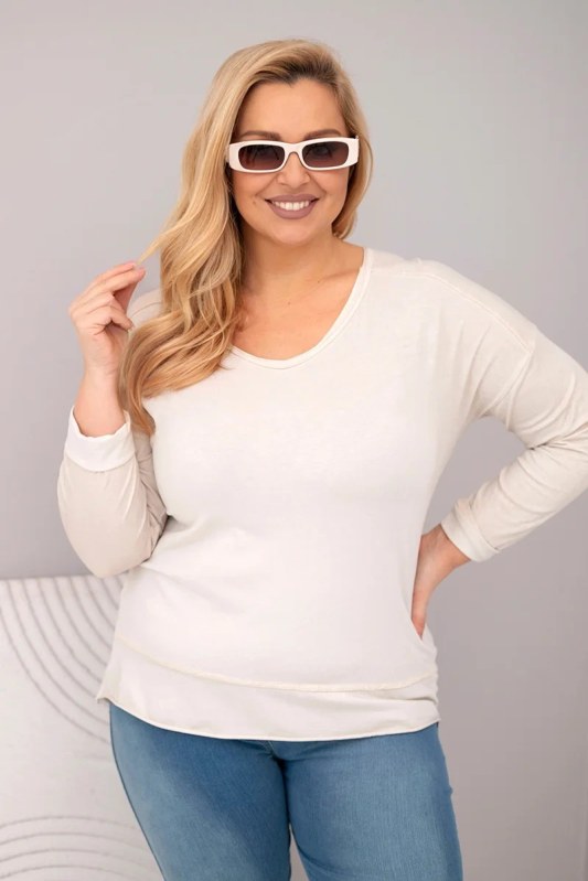Dámská blůza Plus Size s&nbsp;V výstřihem a&nbsp;delším zadním dílem béžová - Dámské oblečení mikiny