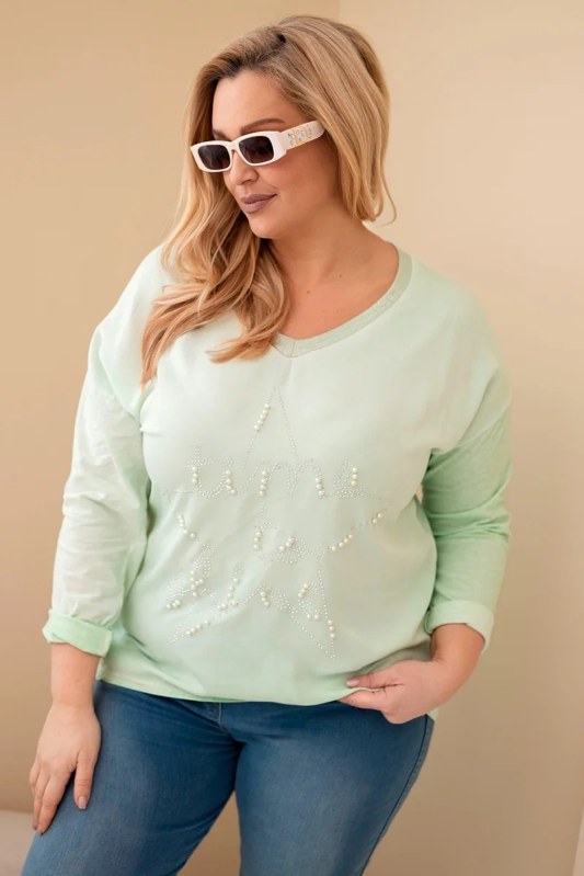 Dámská blůza Plus Size s&nbsp;potiskem a&nbsp;perličkami mátová - Dámské oblečení mikiny