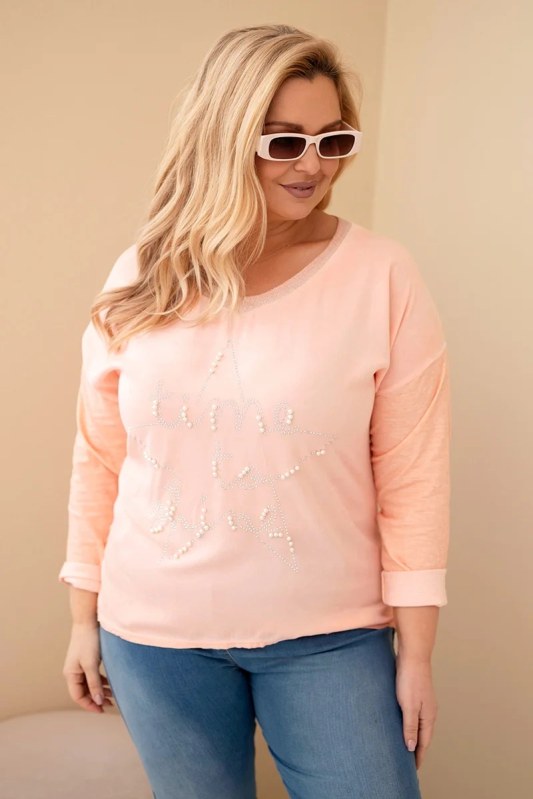 Dámská blůza Plus Size s potiskem a perlami meruňková
