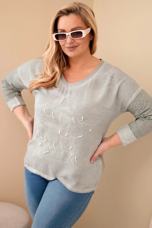 Dámská blůza Plus Size s nápisem a perlami khaki