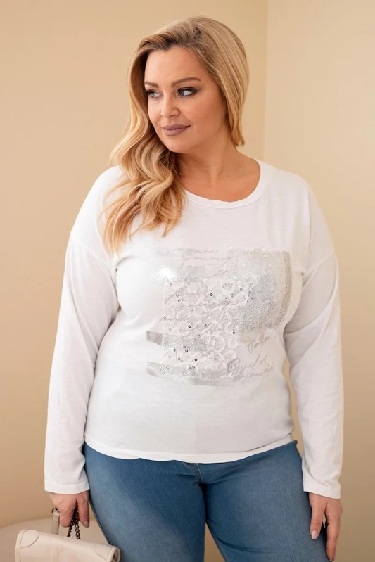 Dámská blůza Plus Size s potiskem a delším zadním dílem bílá