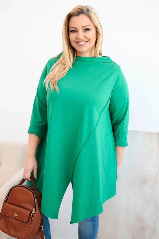 Dámská bavlněná blůza Plus Size asymetrická s ohrnutým rukávem zelená