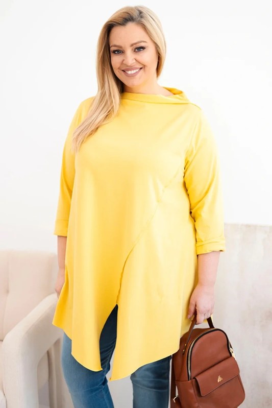 Dámská bavlněná blůza Plus Size asymetrická s ohrnutým rukávem žlutá