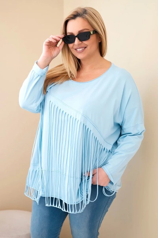 Dámská bavlněná blůza Plus Size s třásněmi modrá