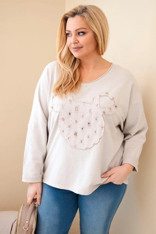 Dámská bavlněná blůza Plus Size s&nbsp;výstřihem do V béžová - Dámské oblečení mikiny