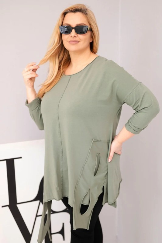 Dámská bavlněná blůza Plus Size s asymetrickým spodním lemem a výřezy khaki