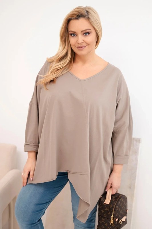 Dámská bavlněná blůza Plus Size s asymetrickým spodním lemem a V výstřihem fango