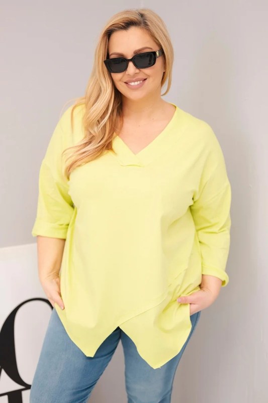 Dámská bavlněná blůza Plus Size s hlubokým V výstřihem a asymetrickým spodním lemem žlutá neon