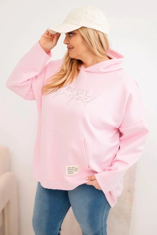 Dámská mikina Plus Size s kapucí a potiskem cukrově růžová
