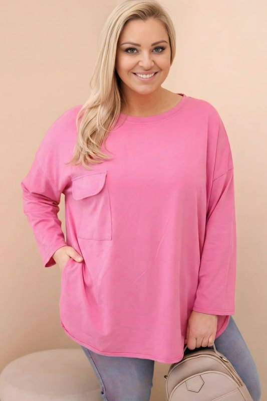 Dámská blůza Plus Size s&nbsp;bavlnou, kapsou a&nbsp;ohrnutým rukávem mátová - Dámské oblečení mikiny