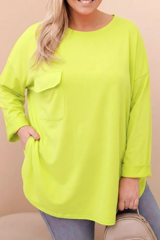 Dámská blůza Plus Size s bavlnou, kapsou a ohrnutým rukávem mátová