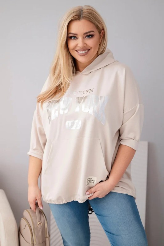 Dámská mikina plus size z viskózy s kapucí a klokaní kapsou béžová