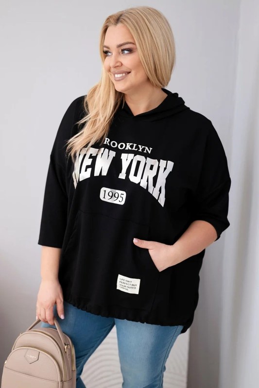 Dámská mikina Plus Size z viskózy s kapucí a klokaní kapsou černá