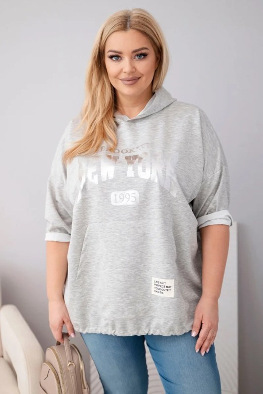 Dámská mikina Plus Size viskózová s kapucí a klokaní kapsou šedý melír