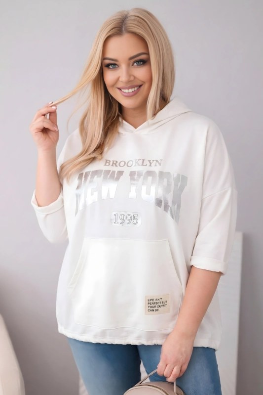 Dámská viskózová mikina Plus Size s kapucí a klokaní kapsou ecru