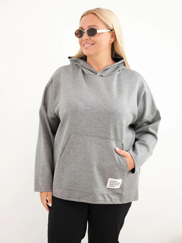 Dámská mikina Plus Size z viskózy s kapucí a klokaní kapsou šedý melír