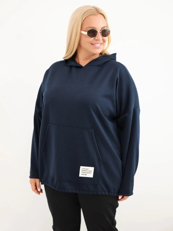 Dámská mikina Plus Size z viskózy s kapucí a klokankovou kapsou námořnická modrá
