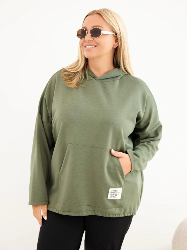 Dámská mikina Plus Size viskózová s kapucí a klokankovou kapsou khaki