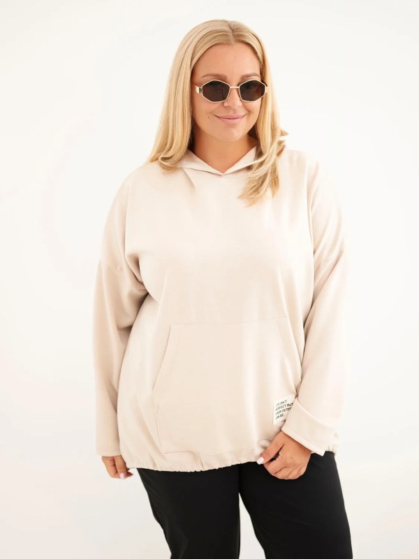Dámská mikina Plus Size z viskózy s kapucí a klokánkou kapsou béžová
