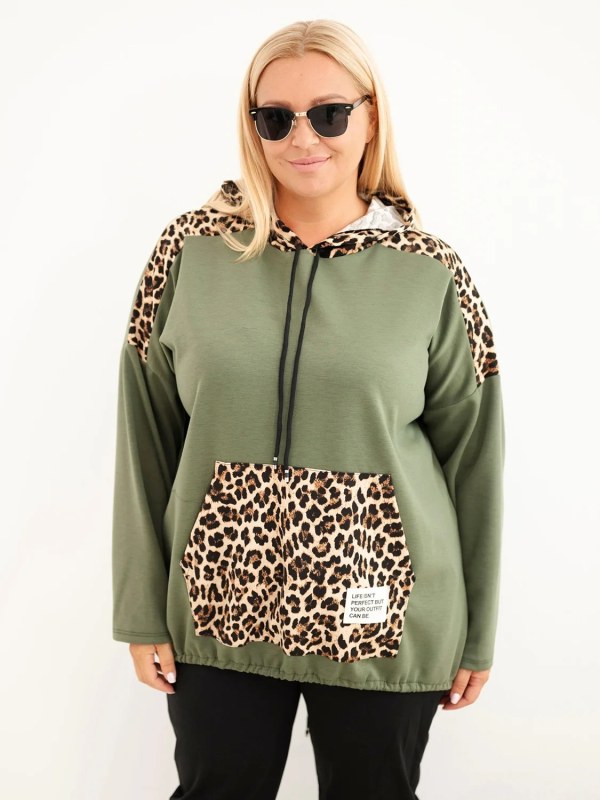 Dámská mikina Plus Size viskózová s kapucí a leopardími vložkami khaki