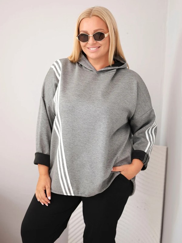 Dámská mikina Plus Size z viskózy s kapucí a ozdobnými pásky tmavě šedá