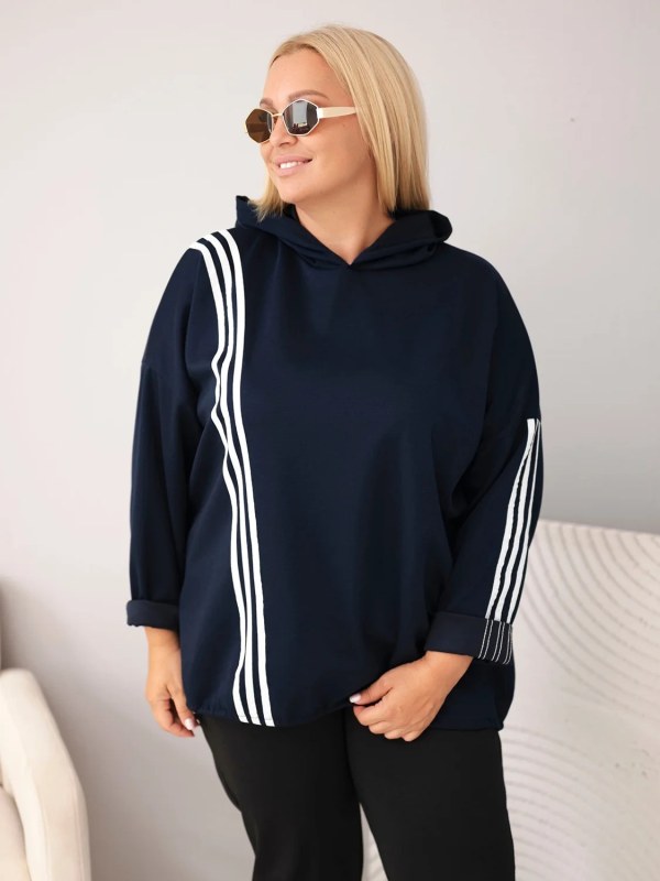 Dámská mikina Plus Size z viskózy s kapucí a ozdobnými pásky modrá
