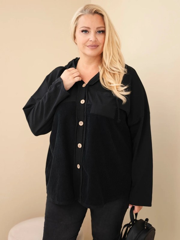 Dámská bavlněná mikina Plus Size s&nbsp;kapucí a&nbsp;knoflíky černá - Dámské oblečení mikiny