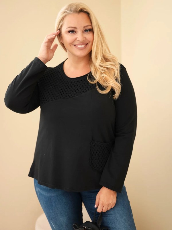 Dámská bavlněná mikina Plus Size s průsvitnou vsadkou a kapsou černá