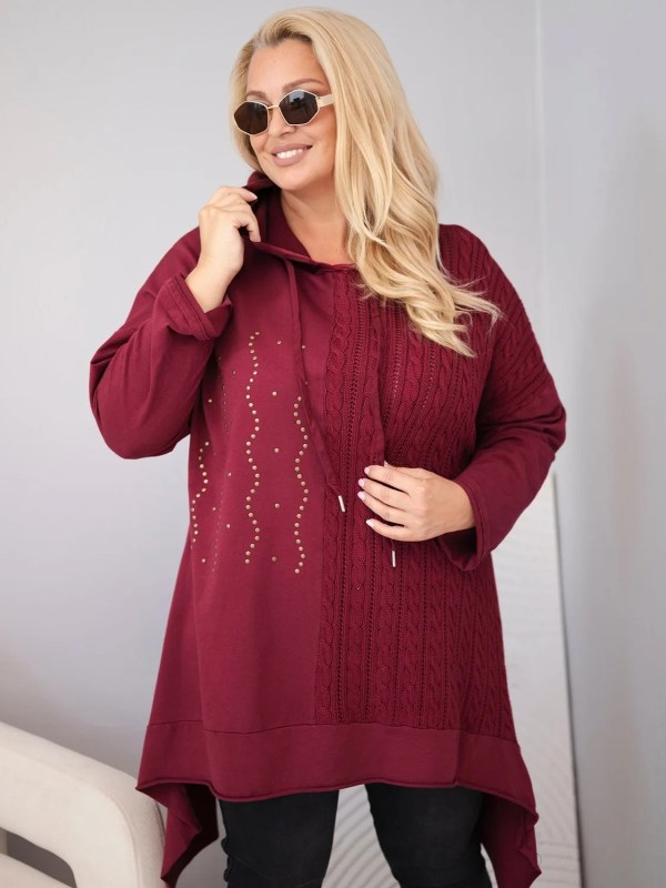 Dámská bavlněná mikina Plus Size s kapucí a pleteným pruhem bordó barva