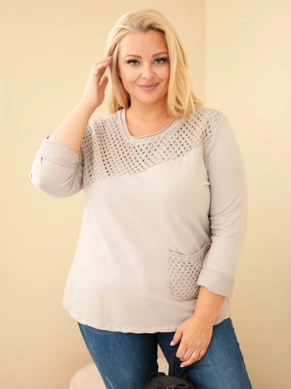 Dámská bavlněná mikina Plus Size s průřezovou vsadkou a kapsou fango zelená