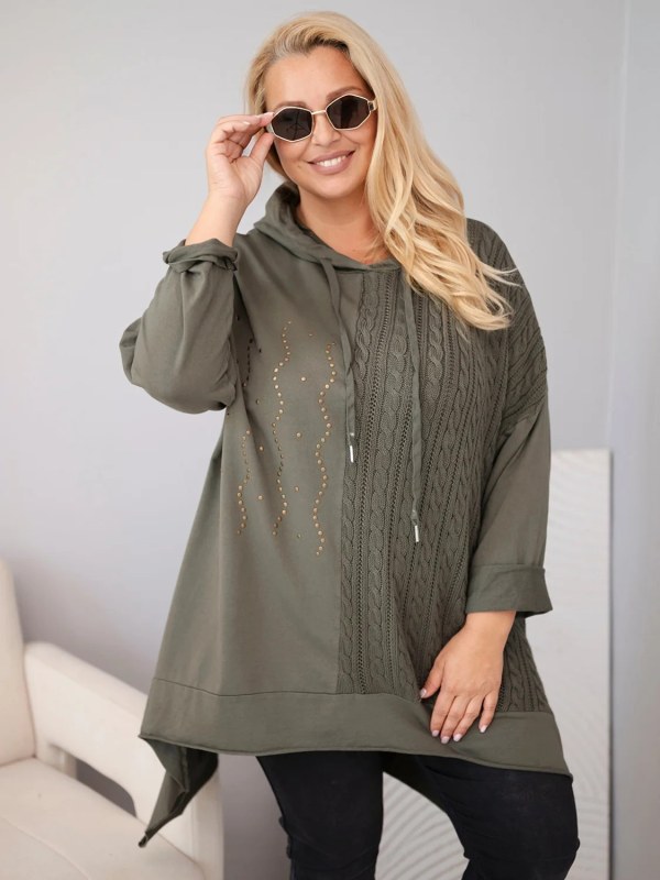 Dámská bavlněná mikina Plus Size s&nbsp;kapucí a&nbsp;pleteným panelem khaki - Dámské oblečení mikiny
