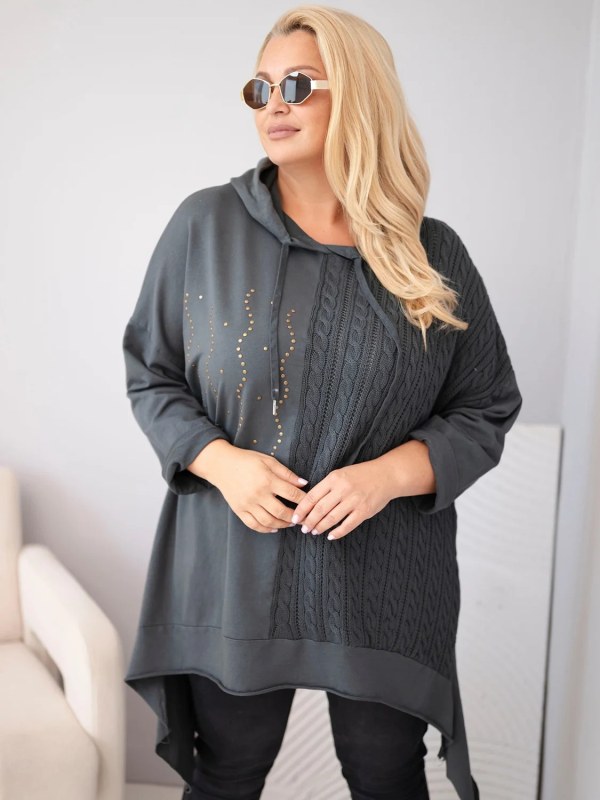 Dámská bavlněná mikina Plus Size s kapucí a pleteným prvkem grafitová