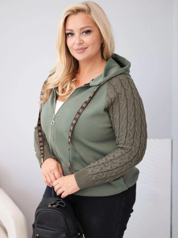 Dámská bavlněná mikina Plus Size s&nbsp;pletenými rukávy a&nbsp;kapucí khaki - Dámské oblečení mikiny