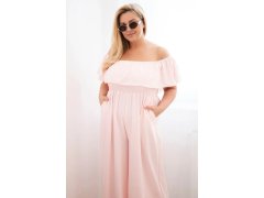 Dámský overal Plus Size s&nbsp;volánem a&nbsp;krátkým rukávem pudrově růžová