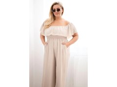 Dámský overal Plus Size s&nbsp;volánem a&nbsp;krátkým rukávem béžový