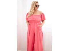 Dámský overal Plus Size s&nbsp;volánem a&nbsp;krátkým rukávem růžový