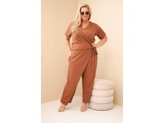Dámský bavlněný overal Plus Size se zavazováním v&nbsp;pase velbloudí