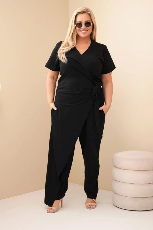 Dámský bavlněný overal Plus Size se zavazováním v pase černý